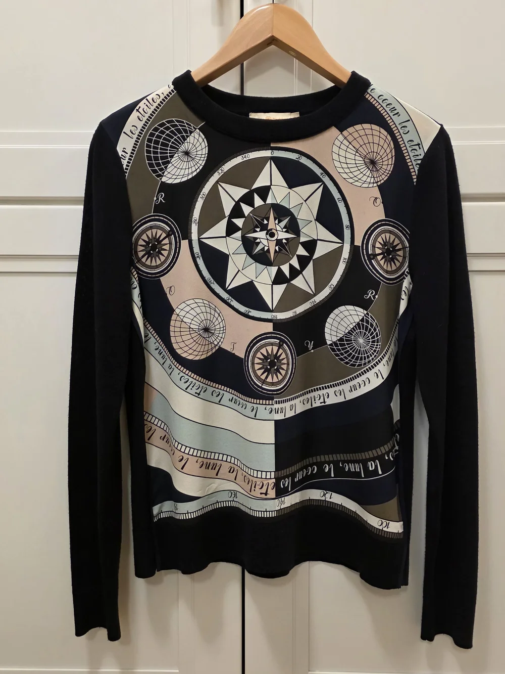 Tory Burch Sillk- Front Merino Wool Sweater with Compass Print in Beige & Olive